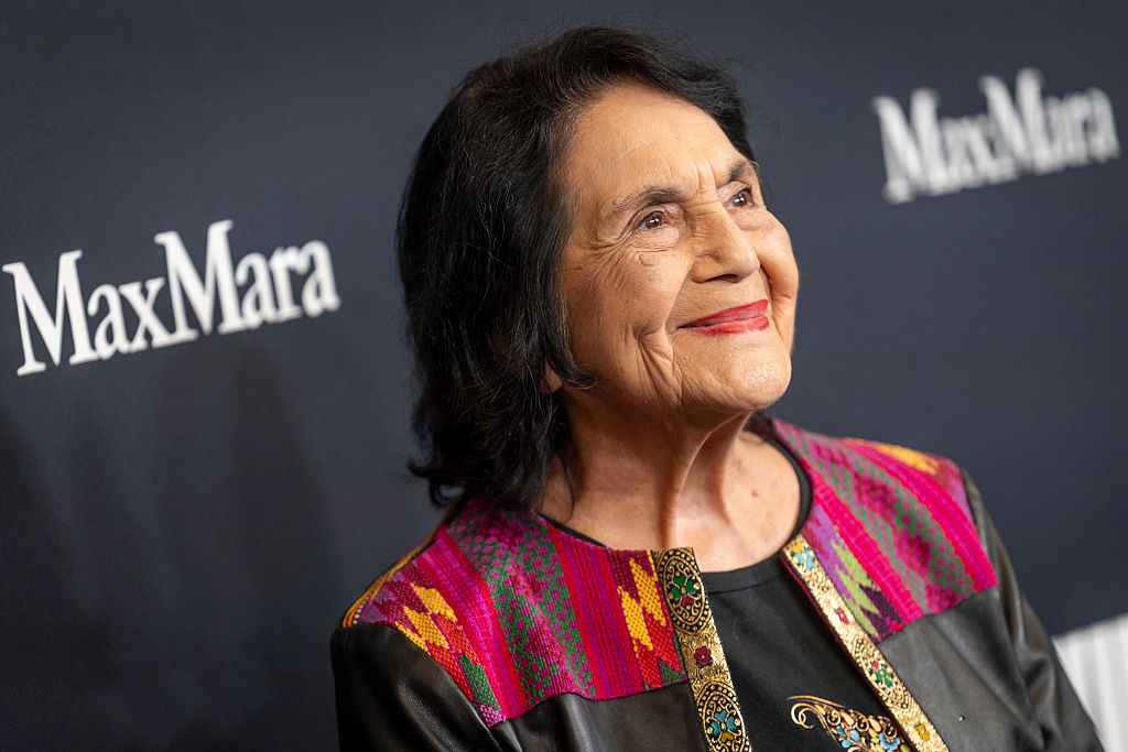 Dolores Huerta, a tireless advocate for farmworkers and civil rights, speaking at a rally.